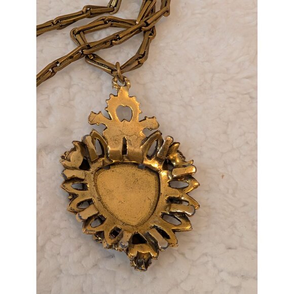 Vintage Brass Necklace Heraldic Shield Pendant W/ Lion Enamel & Rhinestones 15" - Picture 5 of 9